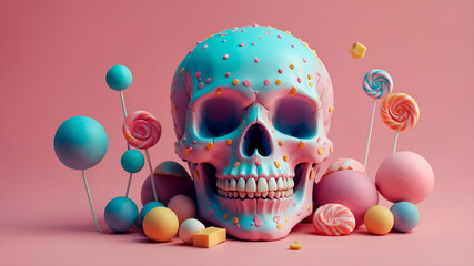 A cheerful 3D skull with candy elements in kawaii style, placed in a soft pink minimal setting. A playful and unexpected twist on Halloween themes.