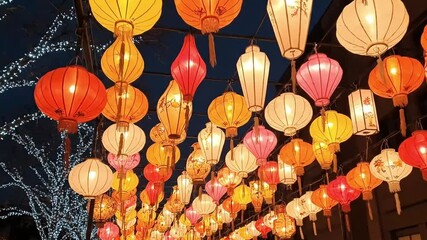 Stunning array of colorful glowing Asian lanterns at night vibrant paper lights illuminate a festive street scene a beautiful traditional cultural decoration di - Powered by Adobe