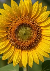 Vibrant Yellow Sunflower Dew Drops - A close-up view of a vibrant yellow sunflower, glistening with morning dew. Symbolizing summer, nature's beauty, growth, happiness, and new beginnings