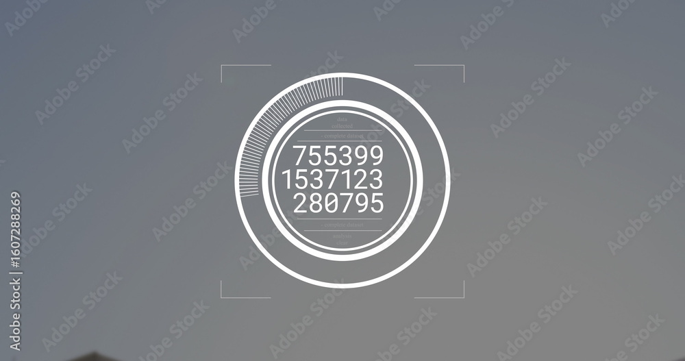 Poster showing digital circular interface with progress arc, readouts and corner markers on grey backdrop