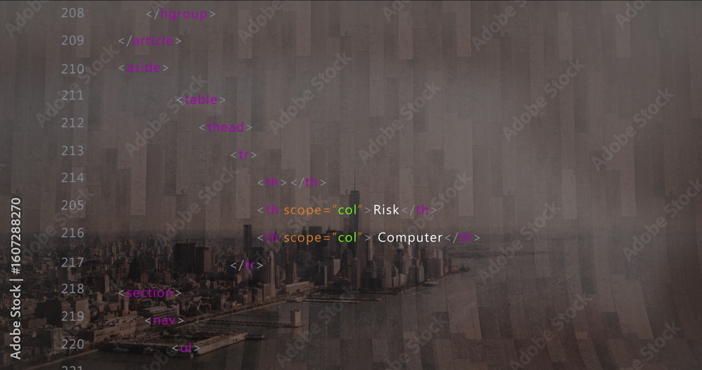 Fototapete overlaying html code snippet on waterfront city skyline, featuring risk and computer tags