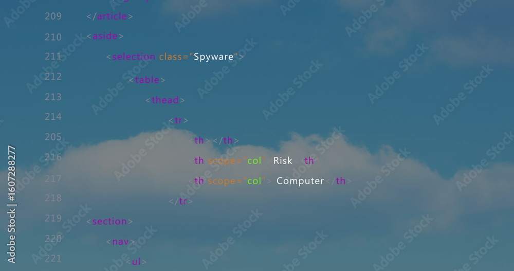 Aufkleber showing html snippet overlaying cloudy sky, featuring spyware and risk computer table, copy space