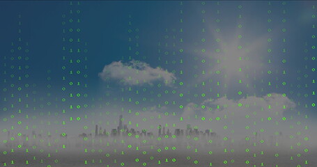 Displaying fog-shrouded city skyline silhouette at waterfront, with green binary digits overlay