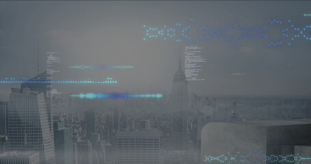 Towering central skyscraper rising above concrete barrier on observation deck, with data overlays
