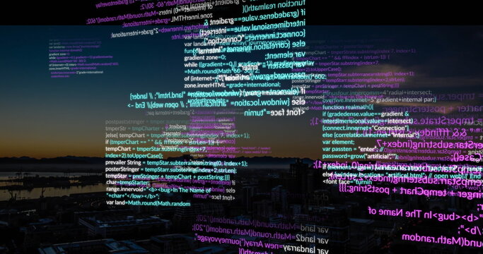 Floating JavaScript and HTML code snippets drifting across dusk cityscape, with dark rooftops