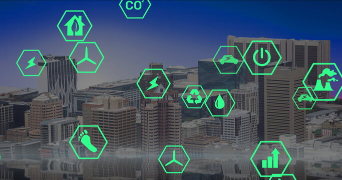 Floating green hexagonal icons illustrating energy efficiency over city skyline, mirrored surface