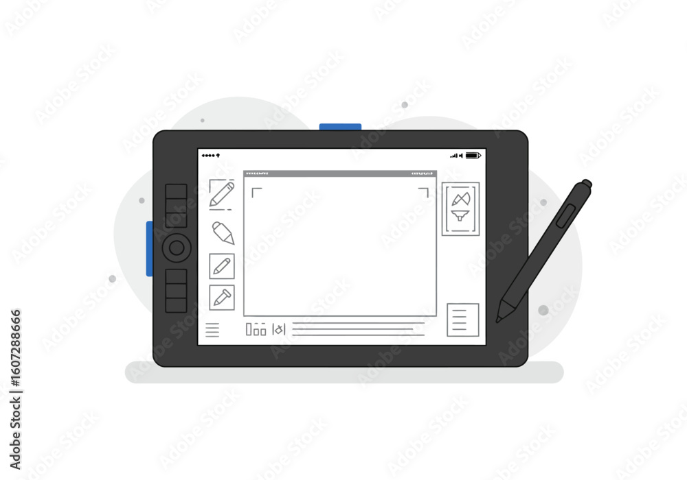Fototapete a black graphics tablet and stylus pen with a blank digital drawing application interface on its scr