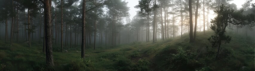 Obraz premium Misty forest exploration nature panoramic hdr 360 degrees view serene environment