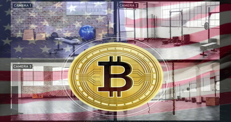 Displaying gold bitcoin emblem above warehouse gym surveillance view, with weight bench