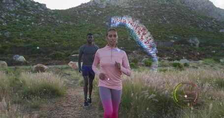 Jogging couple moving along dirt trail with grass, boulders and floating digital overlays