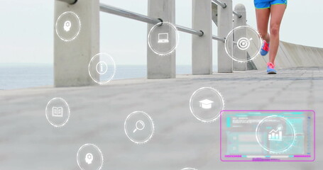 Running woman wearing blue shorts pink-blue sneakers on promenade, with floating icons, copy space