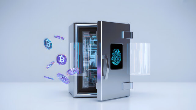 Biometric Crypto Vault with Floating Bitcoin Tokens in High-Tech Environment