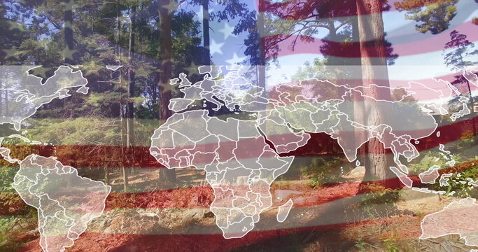 Fototapeta Displaying white outline world map overlay across pine forest scene with American flag stripes