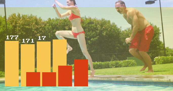 Leaping mid-adult woman in red bikini diving into pool at backyard facility with bar chart overlay - Powered by Adobe