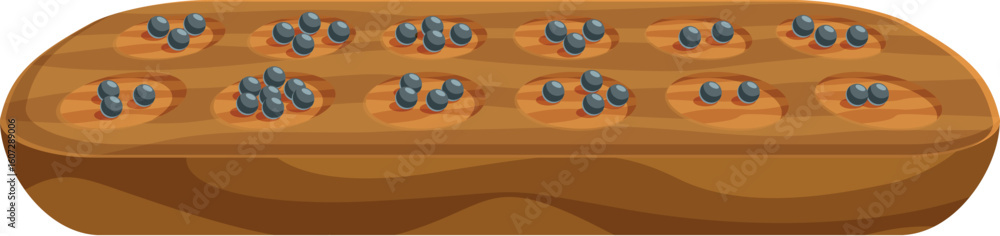 Poster mancala board game displaying small stones or seeds in its shallow cups, representing strategy and c