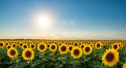Obraz premium Vast field of vibrant yellow sunflowers stretching to the horizon under a clear summer blue sky.