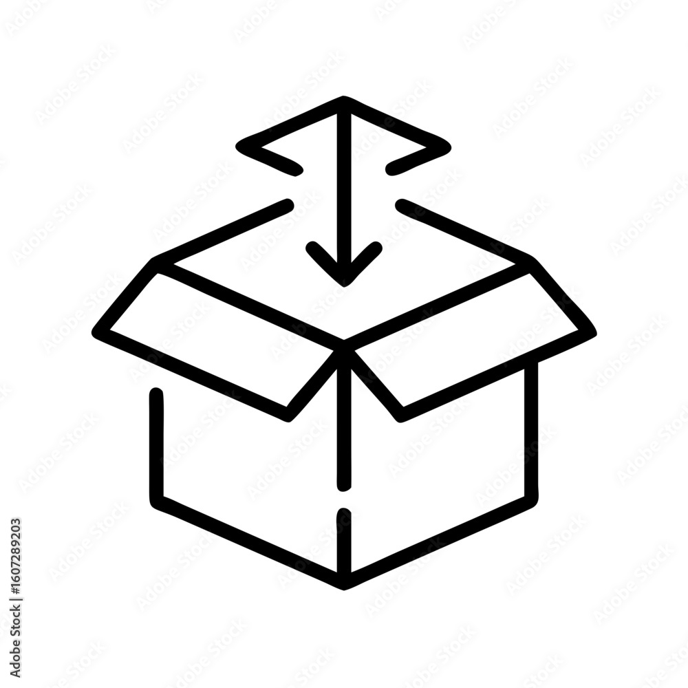 Poster an open box with an arrow pointing downwards indicating items being placed inside the container icon