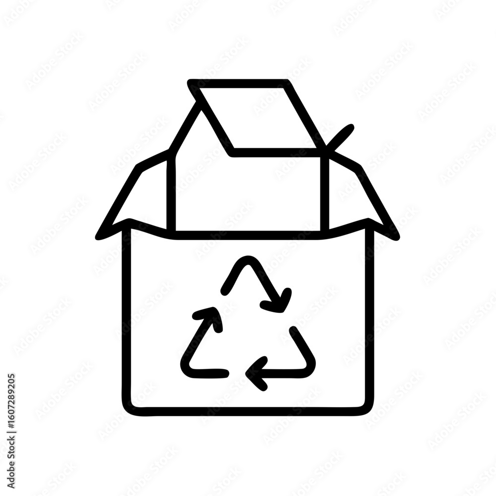Poster illustration of an open cardboard box with a recycling symbol on the front in a simple line drawing 