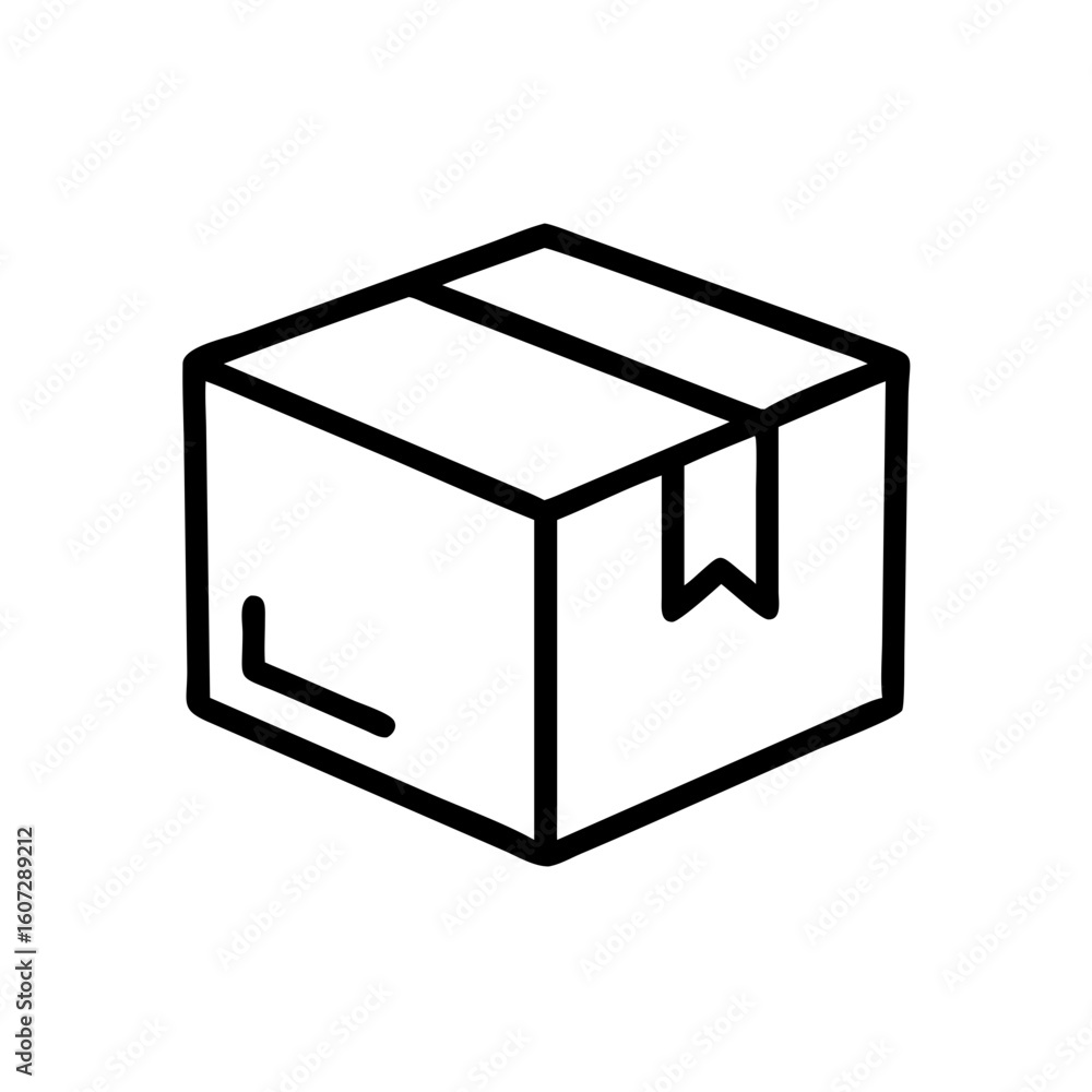 Poster illustration of a simple cardboard box with a label, depicted in a minimalist line art style design 