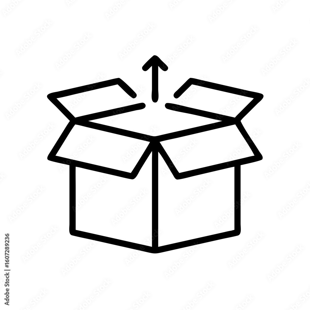 Poster outline drawing of an open cardboard box with flaps and an upward pointing arrow indicating movement