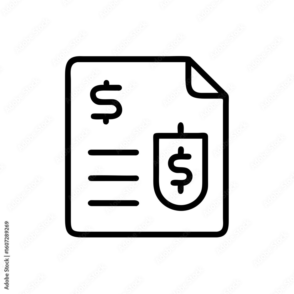 Poster financial report document with dollar signs and lines indicating text in a simple line art style ico