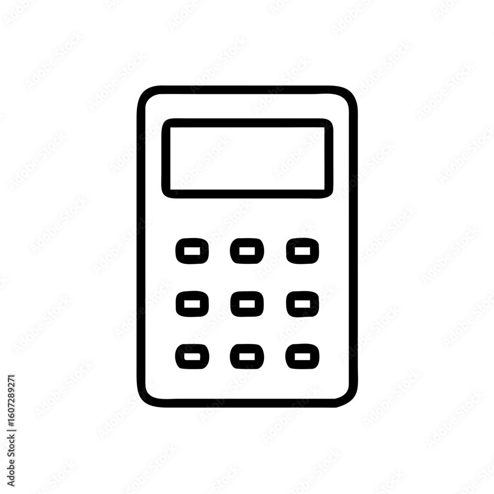 Poster illustration of a calculator with a display and nine buttons in a simple black and white outline sty
