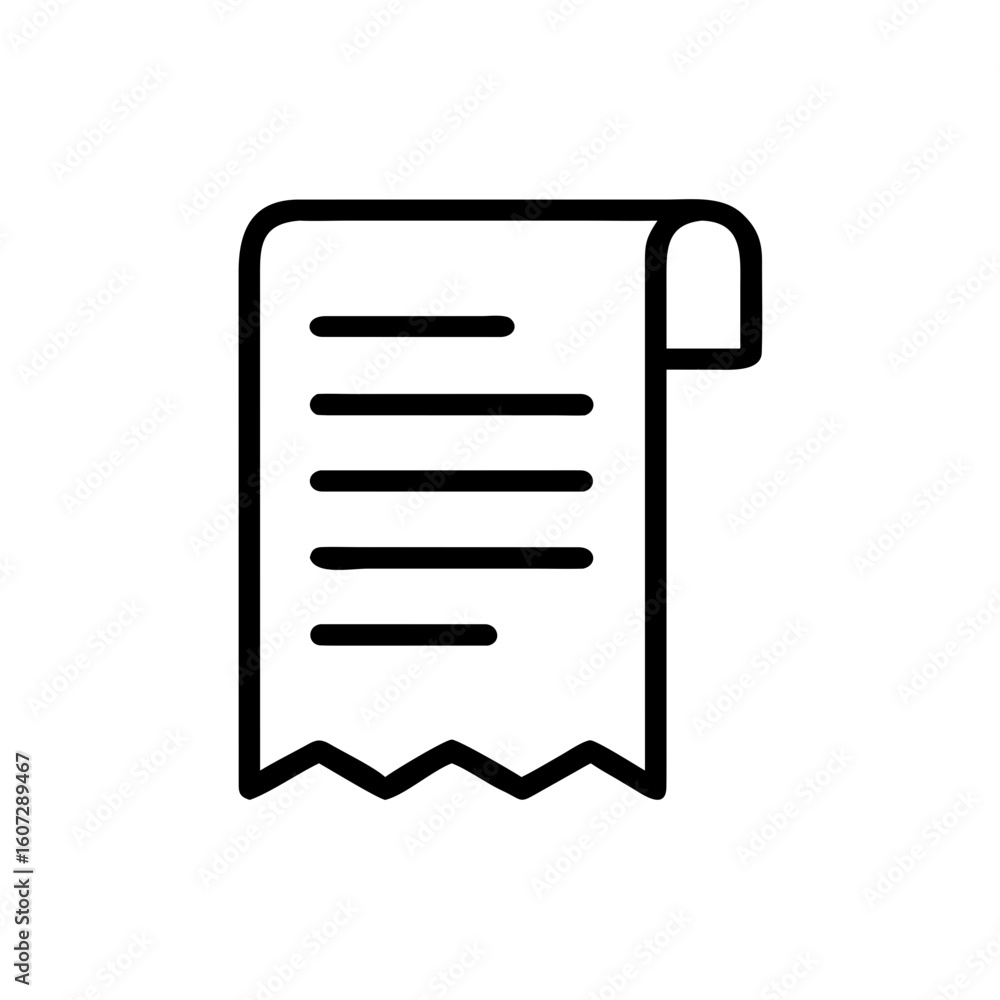 Poster a simple black outline of a document with horizontal lines and a jagged bottom edge and curled edge