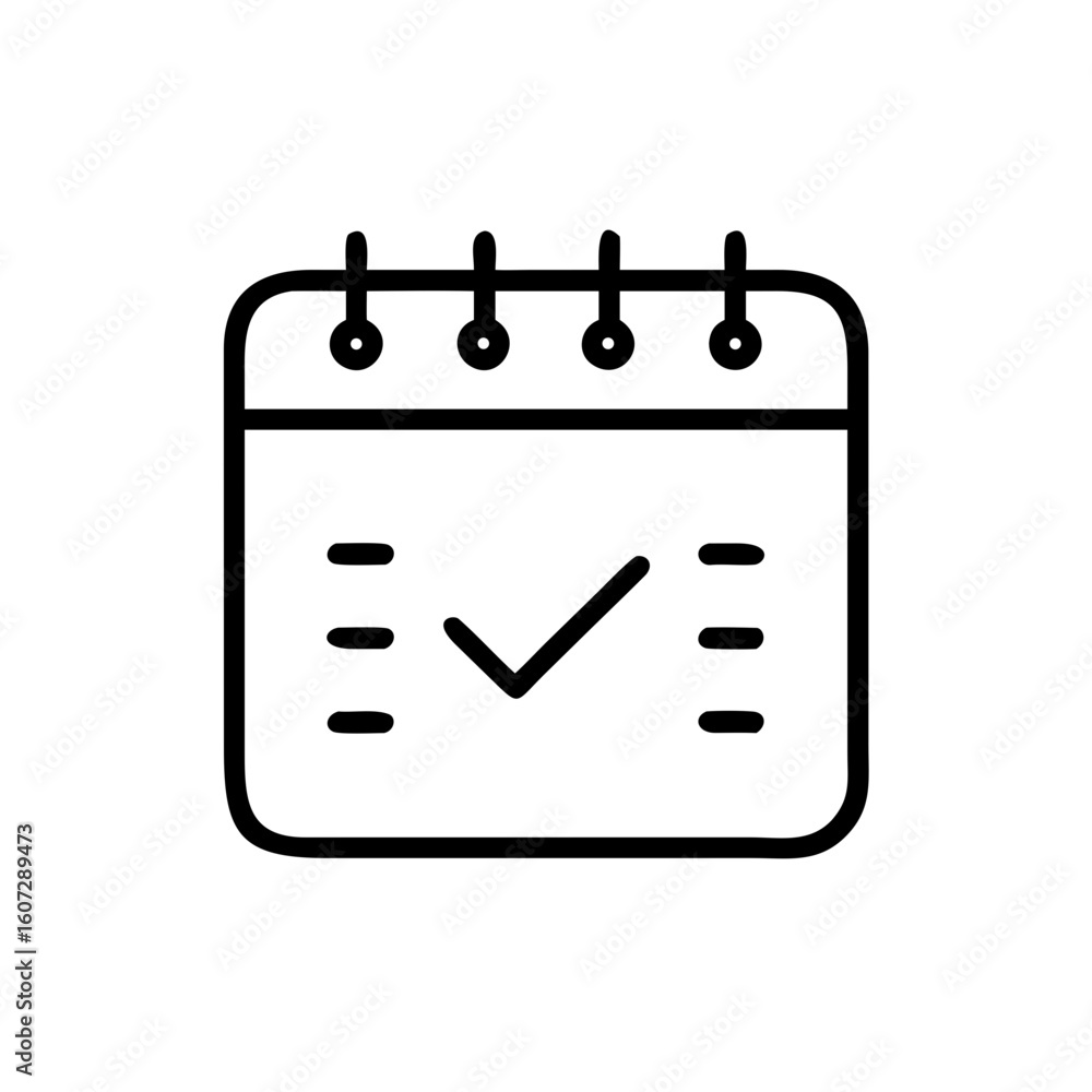 Poster outline drawing of a calendar with a check mark and horizontal lines indicating schedule completion 