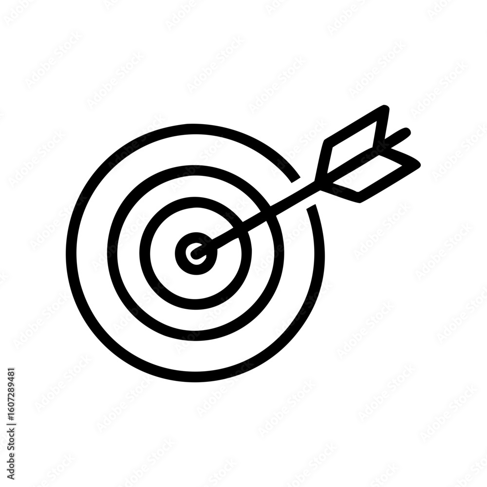 Poster black outline of a target with concentric circles and an arrow hitting the center precisely aligned