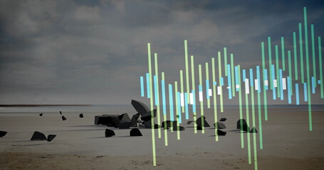 Displaying translucent audio waveform stretching across wet sandy tidal flat, with black fragments