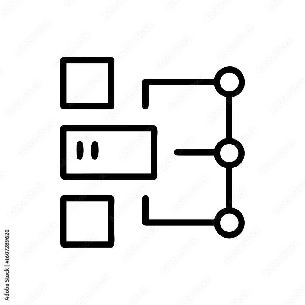 Poster diagram with rectangles and circles connected by lines in a simple black and white illustration styl