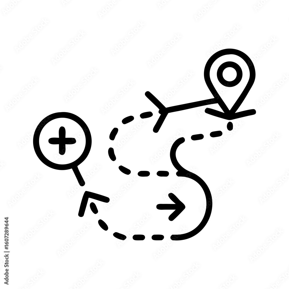 Aufkleber black line art showing a route from plus sign to destination with airplane and curved arrow path