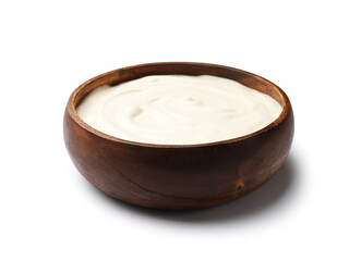 Delicious sour cream in wooden bowl isolated on white
