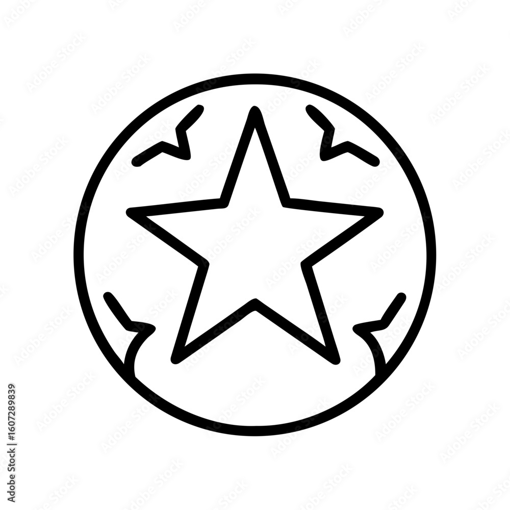 Poster outline drawing of a five pointed star inside a circle with crack like shapes around the edge of the
