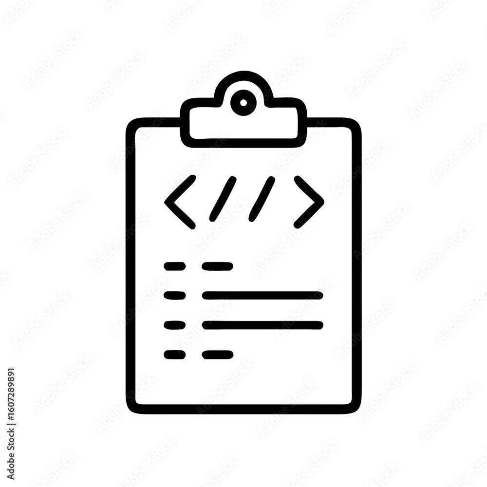 Poster black and white clipboard with coding symbols and list items for programming and development tasks o