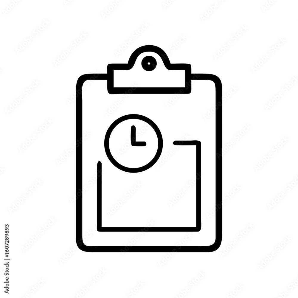 Poster outline of a clipboard with a clock icon and a rectangular space indicating a document on the board