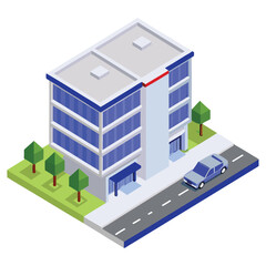 realistic isometric office building with car vector