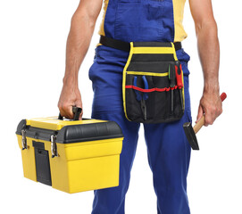 Professional repairman with tool box and hammer on white background, closeup