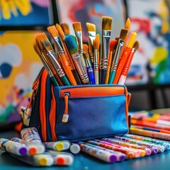 Obraz premium A creative mess of art supplies on a wooden table. A blue bag overflows with paintbrushes of various sizes, surrounded by tubes of colorful paint, palettes, and small canvases