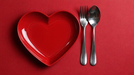 Heart-Shaped Red Plate with Fork and Spoon