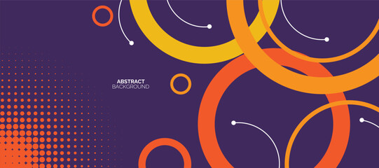 Abstract purple geometric background with orange circle shape decoration. Halftone corner texture. Circle effect style geometric, Modern circle lines pattern.
