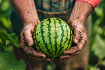 A farmer's weathered, dirt-stained hands proudly hold a freshly picked, small watermelon. The image highlights hard work, the connection to the earth, and the reward of the harvest