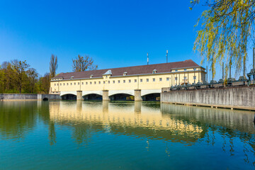 Historic weir at the river Isar  in Munich