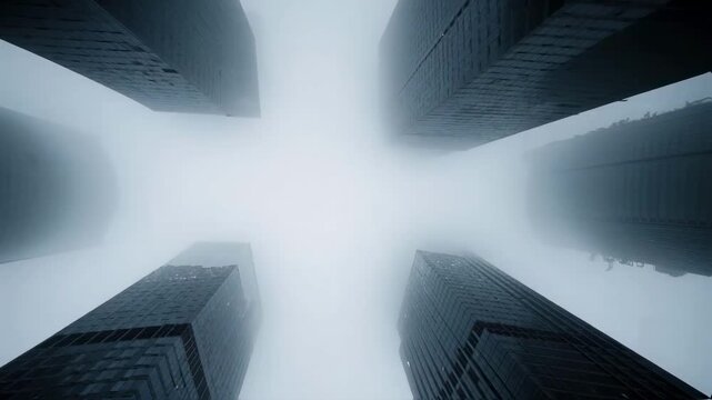 A low-angle view looking up at four massive skyscrapers disappearing into dense fog, representing corporate mystery, financial uncertainty and the scale of modern business ambition
