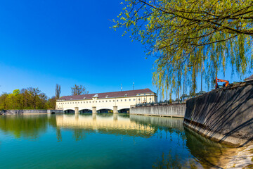 Historic weir at the river Isar  in Munich