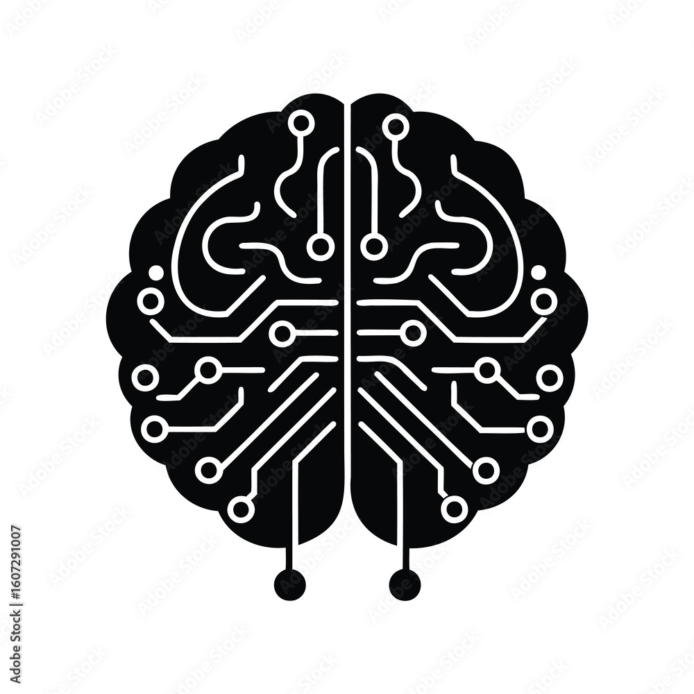 Poster stylized brain icon resembling a computer circuit board, digital intelligence