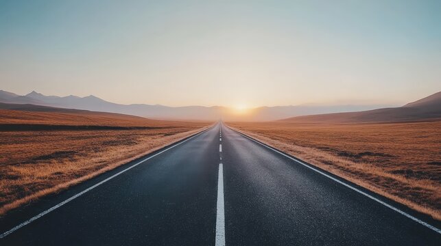 An empty road with a yellow line stretches to a vanishing point on the horizon through a vast, arid landscape under a dramatic, cloudy sky, evoking a sense of journey and solitude