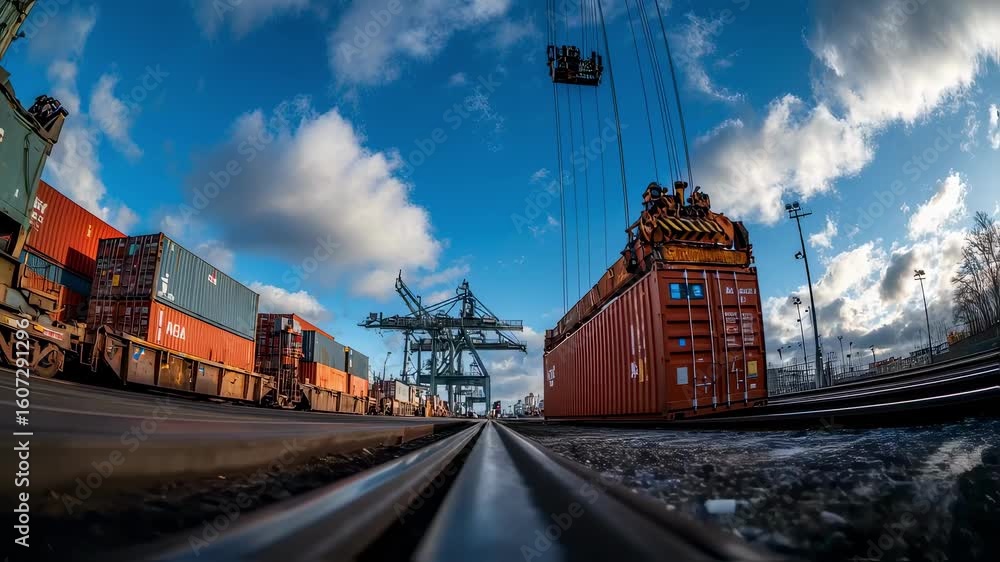 Poster a panoramic shot captures the dynamic scene of an intermodal crane in motion as it elegantly swings 