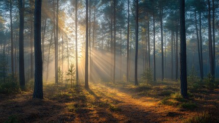 Fototapeta premium A serene, misty morning in a pine forest. Golden sunbeams pierce through the tall trees, illuminating the fog and casting long shadows on the quiet, peaceful ground