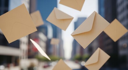 Fototapeta premium Beige Envelopes Soaring Above Cityscape - Communication, delivery, speed, connection, and global reach symbolized by flying envelopes over a city